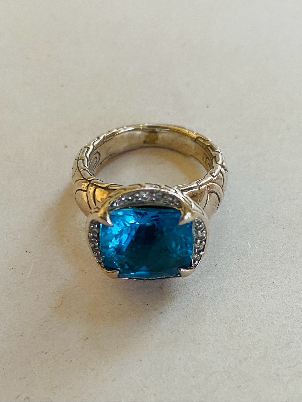 John Hardy Blue Topaz Cushion Gemstone Ring in Sterling Silver - Picture 6 of 11
